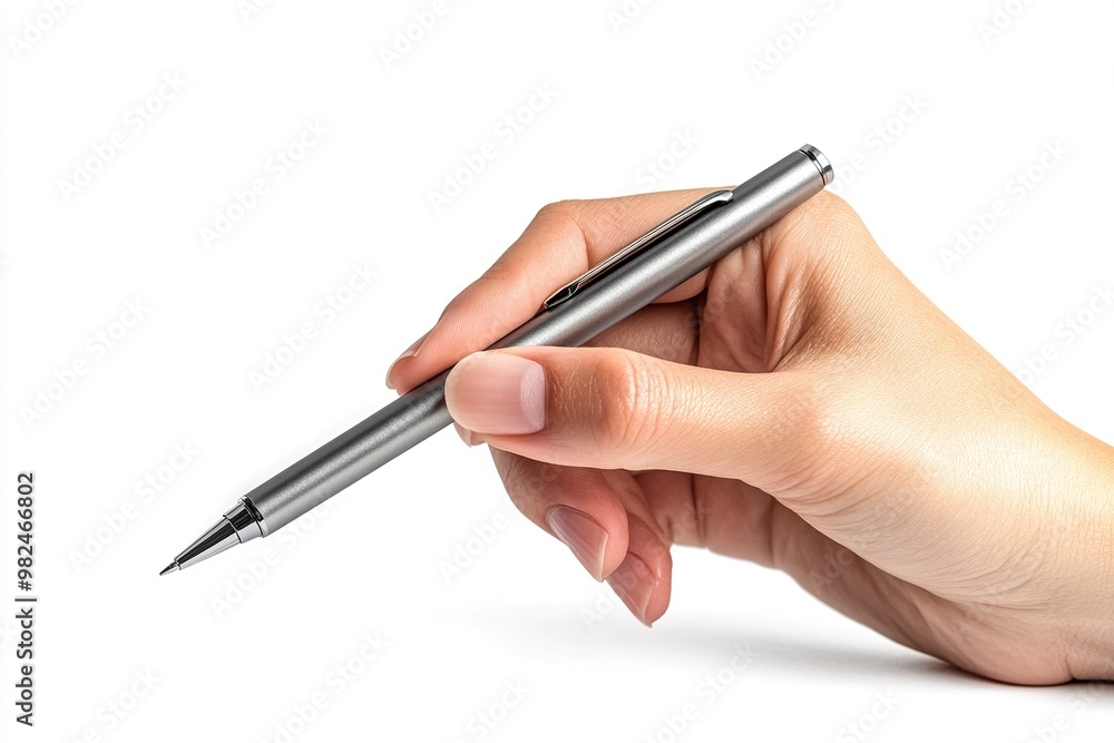 Girl's hand holding a pen, ready to write, on a white background. Girl's hand holding a pen, ready to write, on a white background.