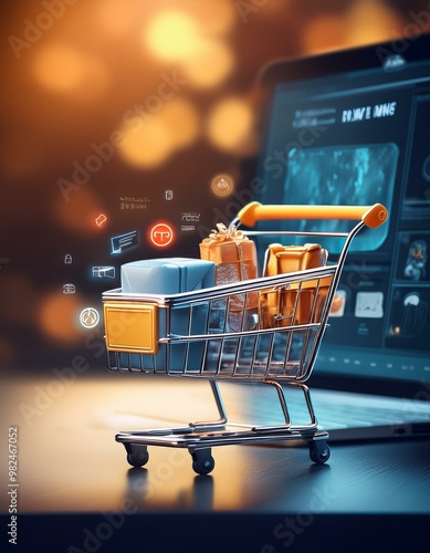 Un carrito de compras virtual en una pantalla de ordenador o móvil, con varios artículos; compras en línea