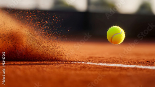 A close-up of a tennis ball with dirt particles in mid-air and a blurred background of a red clay court.