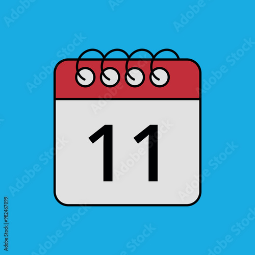 Red calendar flat icon isolated on blue background with specific day marked, day 11.