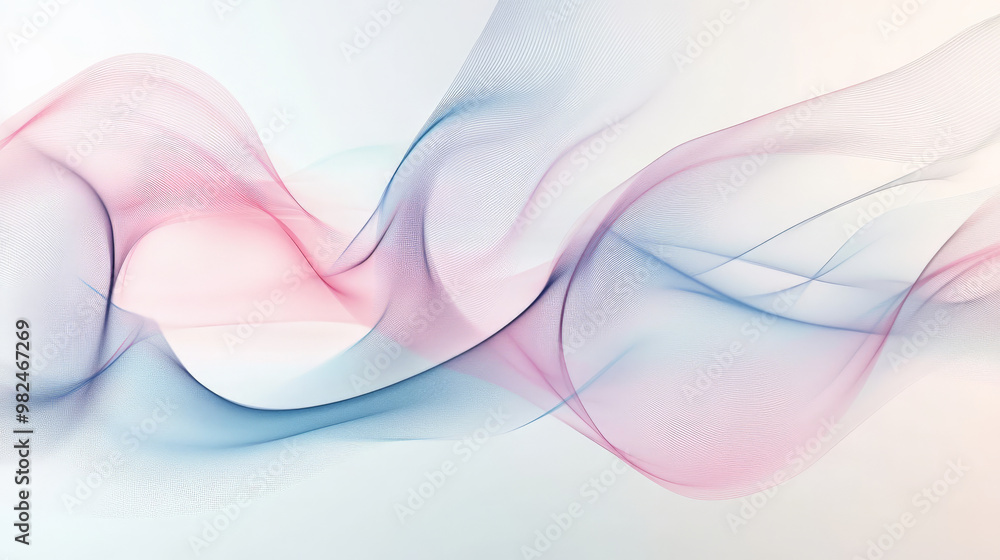 Naklejka premium Smooth, curving lines in pastel pink and blue floating over a light gray background, creating a calming, abstract wave pattern.
