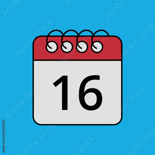 Red calendar flat icon isolated on blue background with specific day marked, day 16.