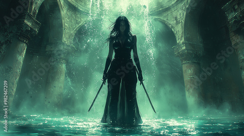 Female fantasy warrior with two swords stands in the center of an endless pool, detailed background, full body portrait, fantasy costume, soft light and shadow, mysterious atmosphere.