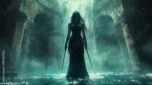 Female fantasy warrior with two swords stands in the center of an endless pool, detailed background, full body portrait, fantasy costume, soft light and shadow, mysterious atmosphere.