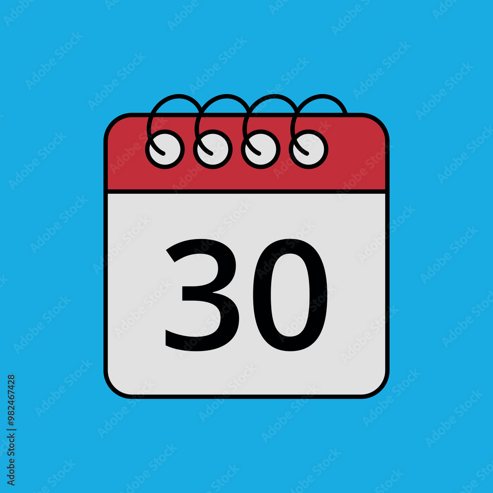 Red calendar flat icon isolated on blue background with specific day marked, day 30. Red calendar flat icon isolated on blue background with specific day marked, day 30.