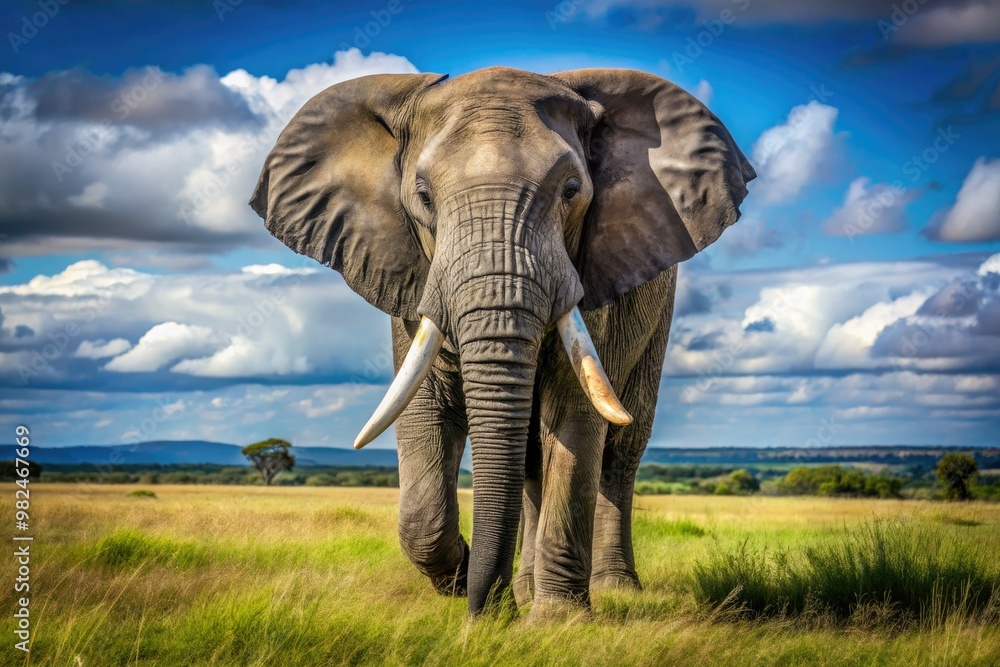 Fototapeta premium Large, massive, and imposing black and white mammal with an extended trunk and a stumpy tail.