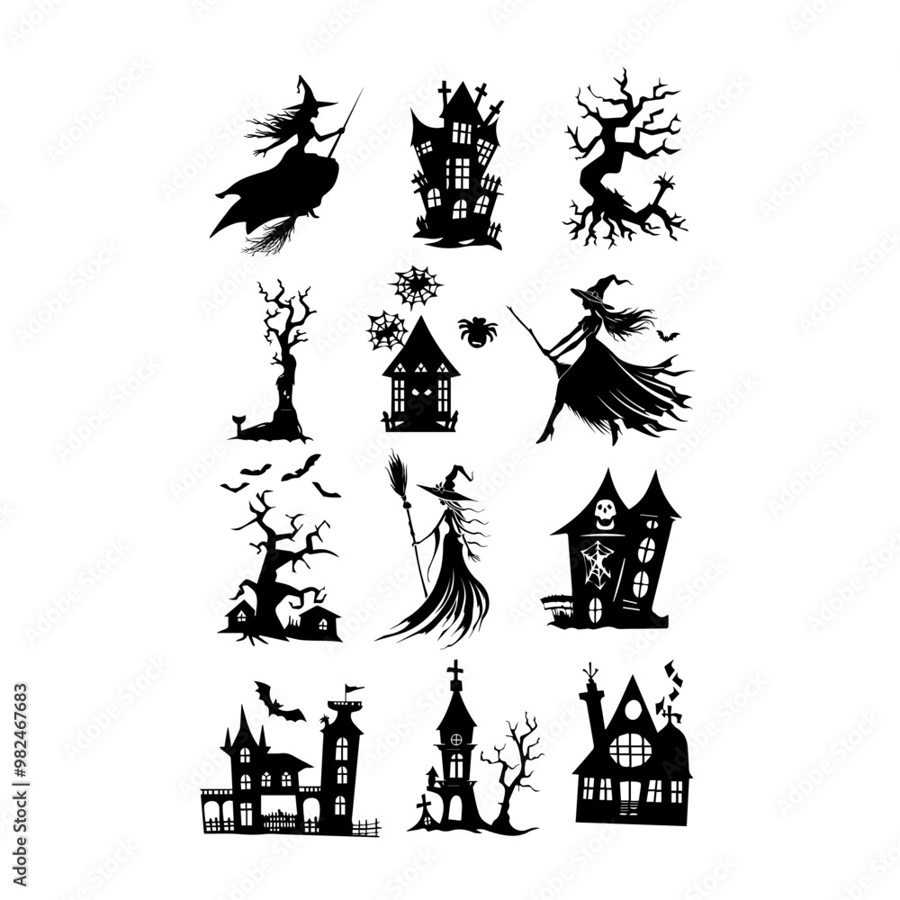 Spooky haunted house silhouettes for Halloween designs. A set of black haunted house silhouettes, including spooky trees and flying bats. Halloween Spooky haunted house silhouettes for Halloween designs. A set of black haunted house silhouettes, including spooky trees and flying bats. Halloween