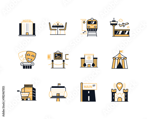 Entertainment in the city - line design style icons set with editable stroke. Hotel, restaurant table, tram, airport, theater, art gallery, hospital, circus, supermarket, main street and attractions