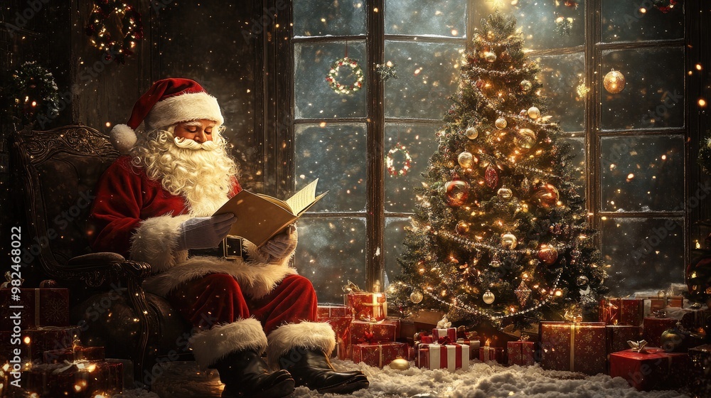 Cozy holiday scene with Santa Claus reading letters by a sparkling Christmas tree, surrounded by festive decorations. Cozy holiday scene with Santa Claus reading letters by a sparkling Christmas tree, surrounded by festive decorations.