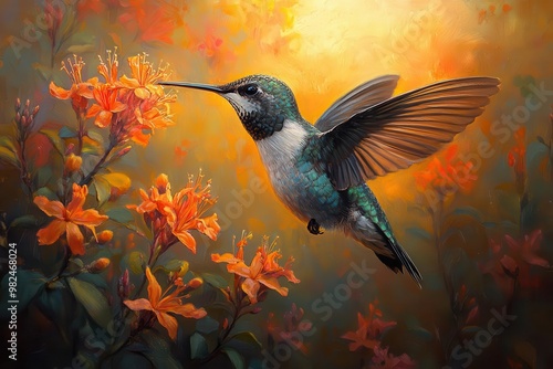 magical twilight scene with a rubythroated hummingbird sipping nectar from glowing honeysuckle blossoms iridescent feathers catching the last rays of sunlight photo