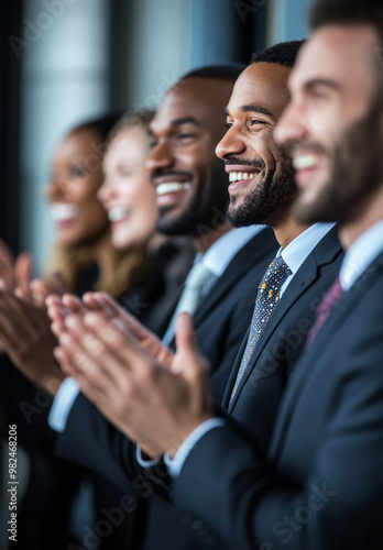 A diverse group of professionals joyfully claps together in a modern setting, showcasing teamwork and success.