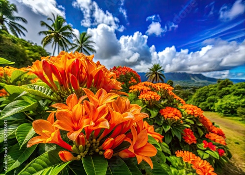 Lush greenery sways gently in the breeze as vibrant Hawaiian puakenikeni flowers dance in the warm sunlight, their delicate petals glowing with a radiant yellow hue. photo