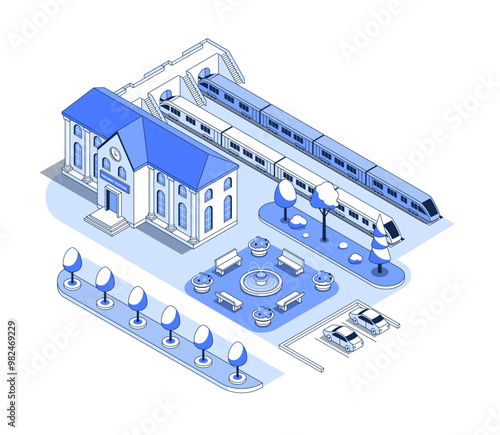 City station with platform - vector isometric illustration. Municipal building with a clock, departure point, park area with a fountain, flower beds and a bench, parking with cars. Urban style idea