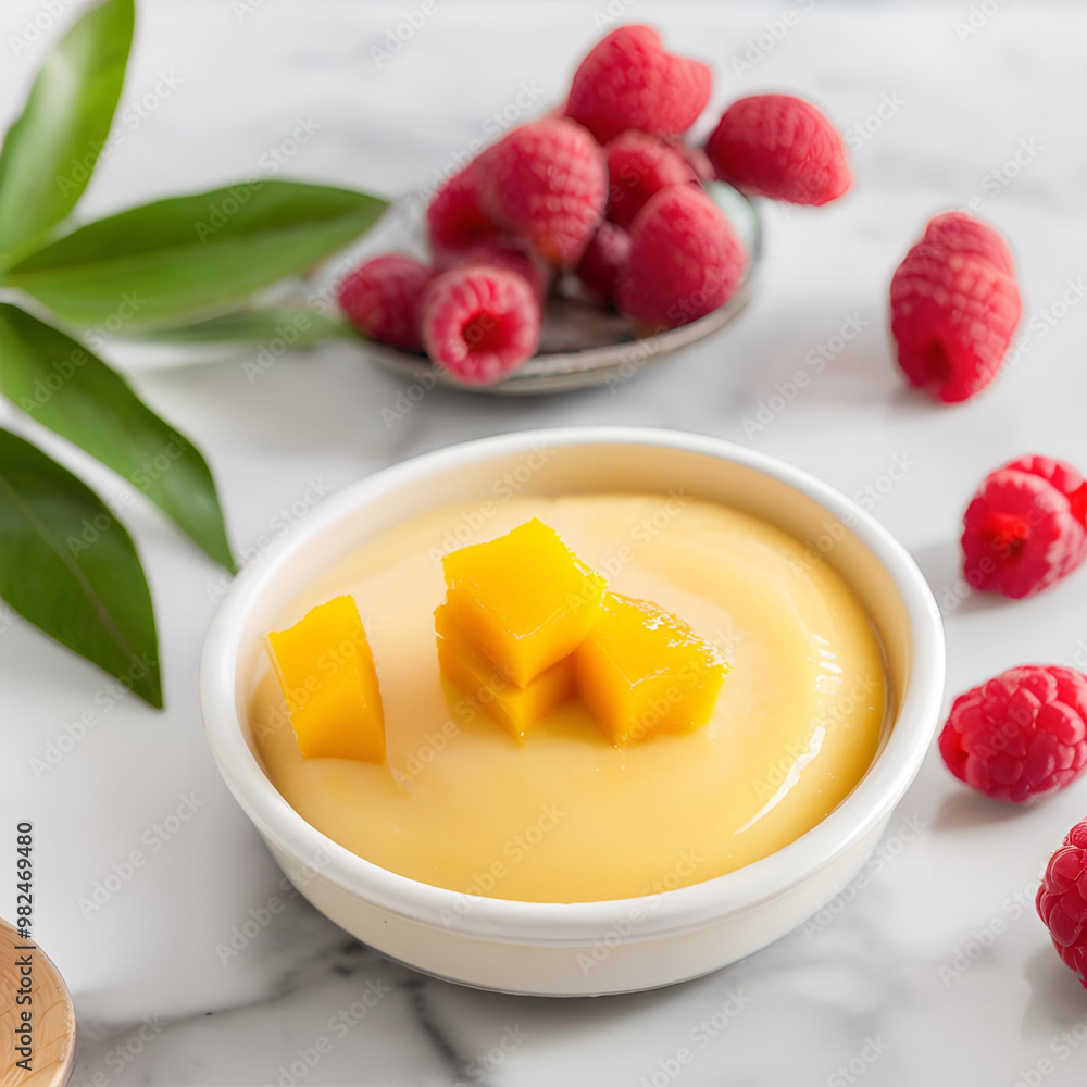 A bowl of mango pudding topped with diced mango and fresh raspberries. A bowl of mango pudding topped with diced mango and fresh raspberries.