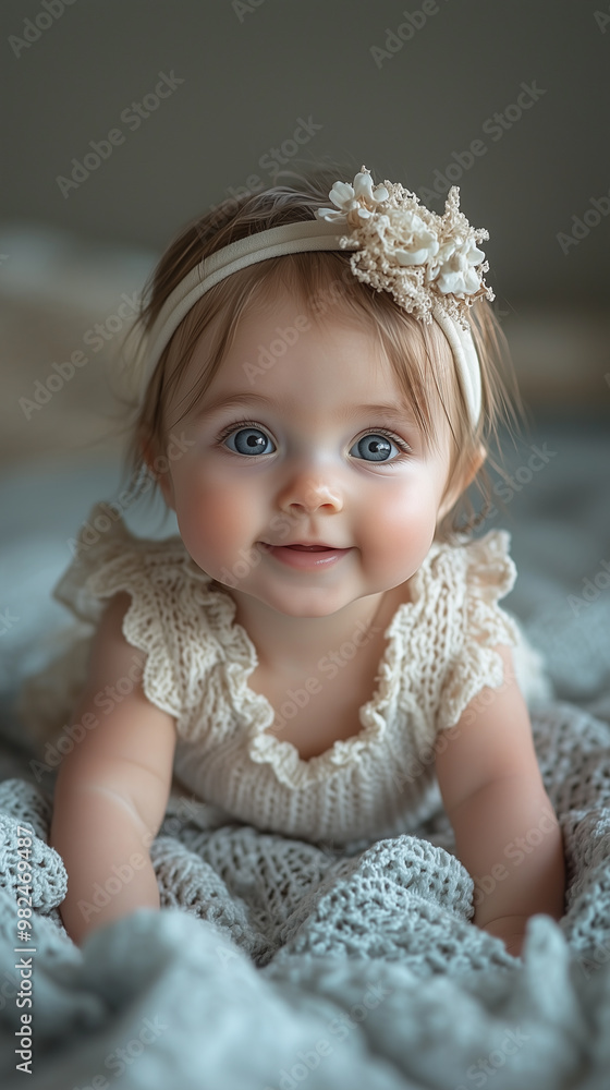 Happy and smiling baby in a white romper and headband, crawling on her stomach towards the camera Happy and smiling baby in a white romper and headband, crawling on her stomach towards the camera