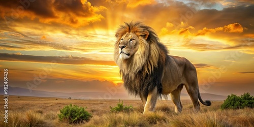 Majestic barbary lion stands proudly, vibrant mane flowing in the golden light of sunset, as the savannah's warmth spreads across its regal form. photo