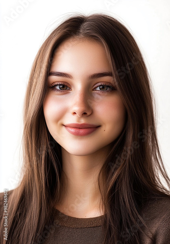 A warm portrait of a young woman with long brown hair, smiling gently against a light background, conveying a sense of approachability and positivity.