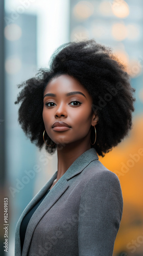 Portrait of a beautiful black afro american woman in suit outdoors with a blurry business center in backdrop