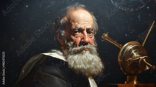 A contemplative figure with a white beard gazes intently, surrounded by a dark backdrop and illuminated by soft light, holding an astronomical instrument. photo