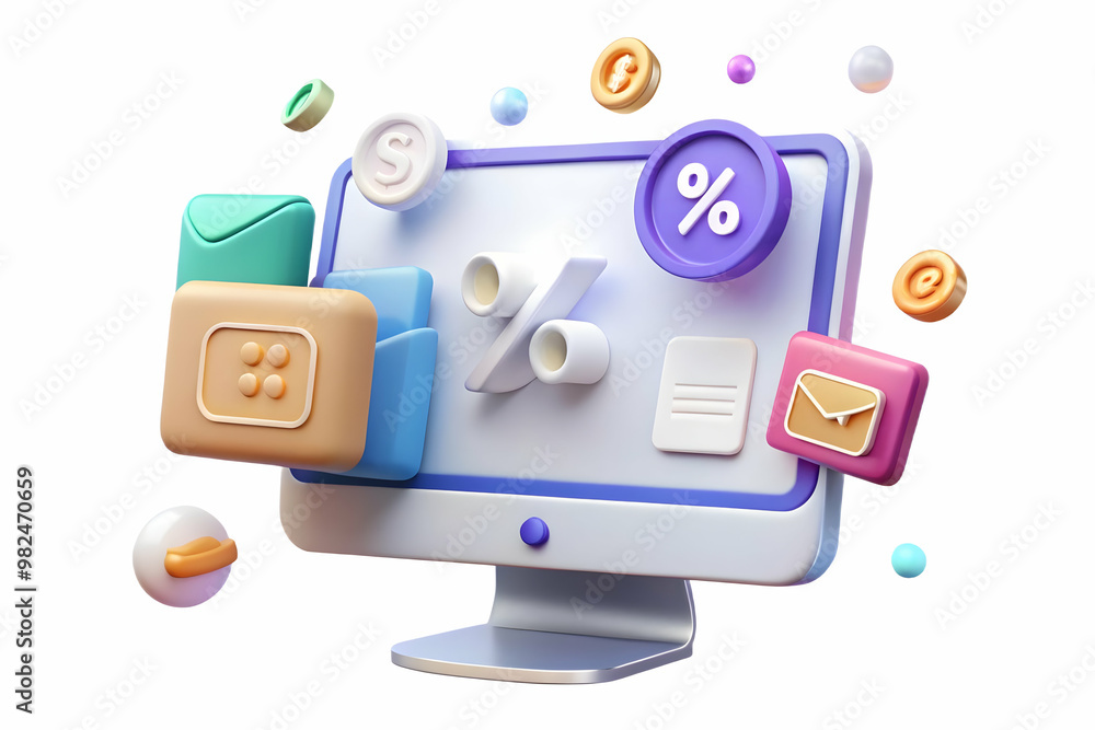 Glossy Modern Monitor with Floating Holographic Coupon and Retail Icons for Digital Marketing Promotions - Perfect for Branding and Text Space Glossy Modern Monitor with Floating Holographic Coupon and Retail Icons for Digital Marketing Promotions - Perfect for Branding and Text Space