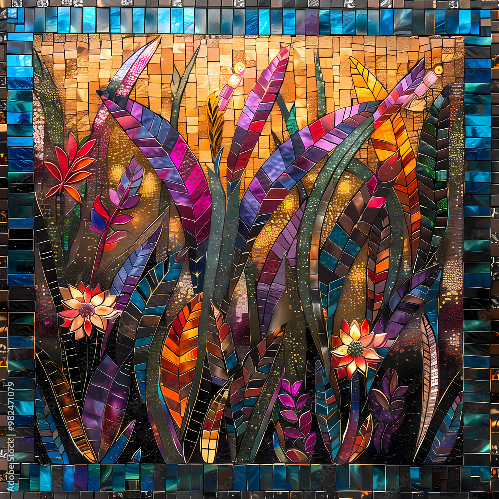 Obraz premium Mosaic artistic image of narrow border of manta ray feathers and tiger lilie