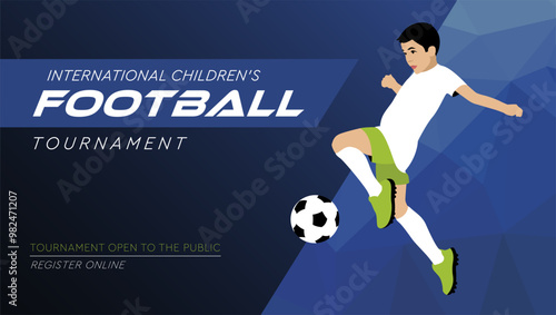 Banner advertising of a football match. Advertisement of football courses. A young football player jumps and kicks the ball. Professional children's football. Vector illustration. Flat design