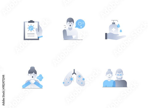 Contagious virus - flat design style icons set. High quality colorful images of anamnesis, disease symptoms, infection, patient, sanitary treatment, cough, affected lungs, risk group, aged people