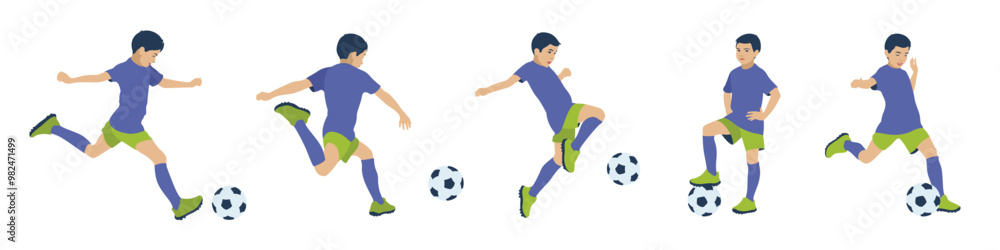 A set of different poses of a football player. The boy plays football. Youth football game. Isolated vector illustration on a white background. Flat design A set of different poses of a football player. The boy plays football. Youth football game. Isolated vector illustration on a white background. Flat design