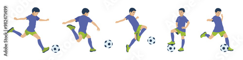 A set of different poses of a football player. The boy plays football. Youth football game. Isolated vector illustration on a white background. Flat design
