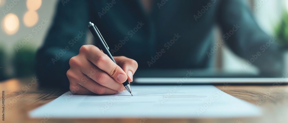 Closeup of hands writing on a business plan with a laptop in the background, startup strategy Closeup of hands writing on a business plan with a laptop in the background, startup strategy