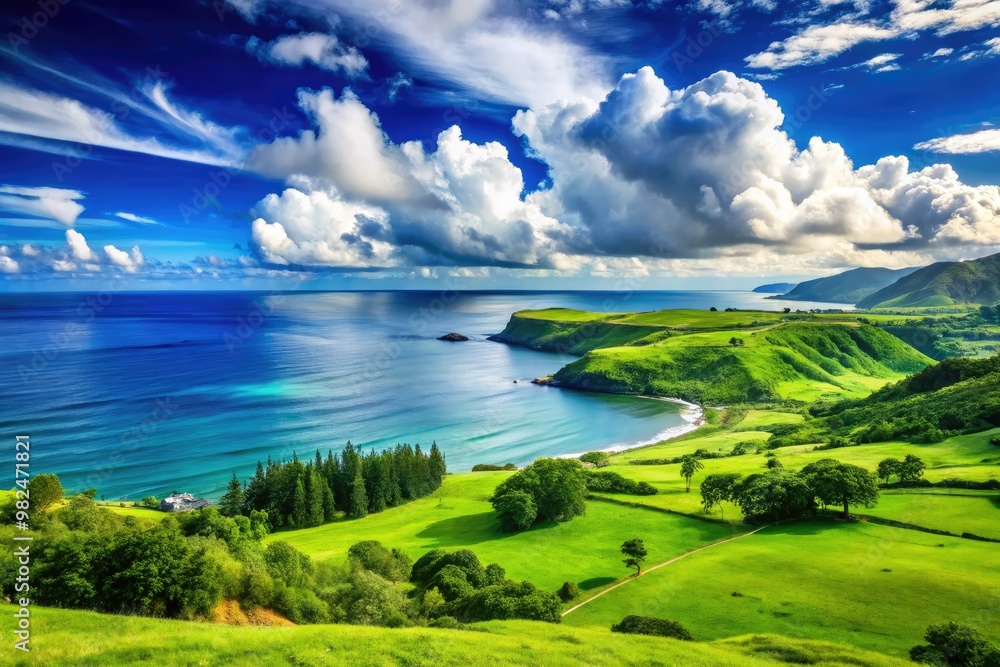 Fototapeta premium Nature's vivid hues evoke serenity: skyward blue, oceanic calm, and emerald meadows harmonize to convey the essence of peaceful splendor.