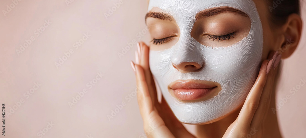 A woman enjoys a soothing facial mask, promoting relaxation and skincare, with her eyes closed and hands gently holding her face. A woman enjoys a soothing facial mask, promoting relaxation and skincare, with her eyes closed and hands gently holding her face.