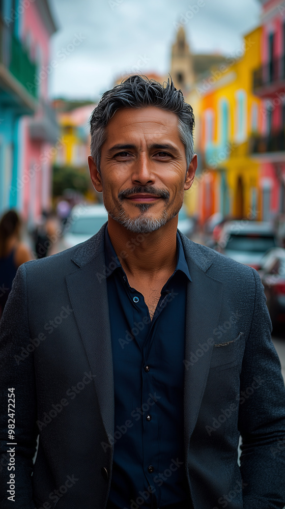 Hispanic man smiling at the camera and standing on the street in front of buildings Hispanic man smiling at the camera and standing on the street in front of buildings