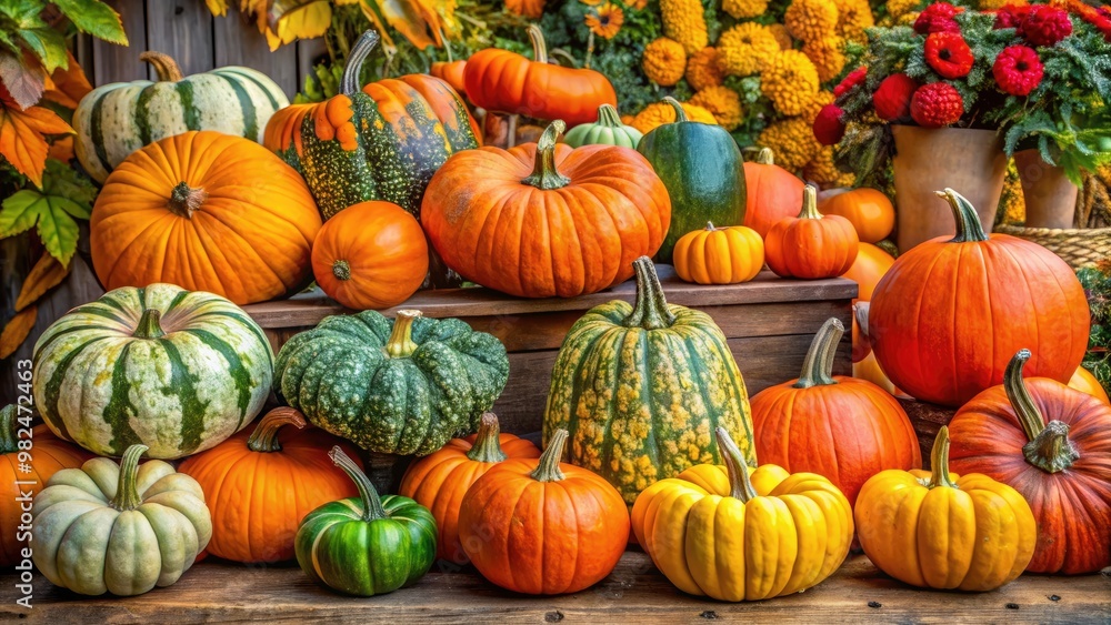 Orange and green pumpkins, gourds, and squash arranged in a festive fall display Orange and green pumpkins, gourds, and squash arranged in a festive fall display