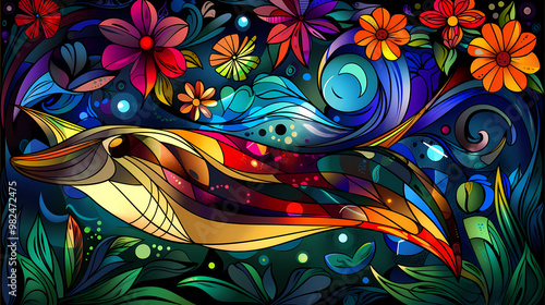 Stained glass vector-style image of beautiful manta ray , tropical flowers, bird feathers, color coordinated abstract expressionism surrealism apophysis paisley design photo