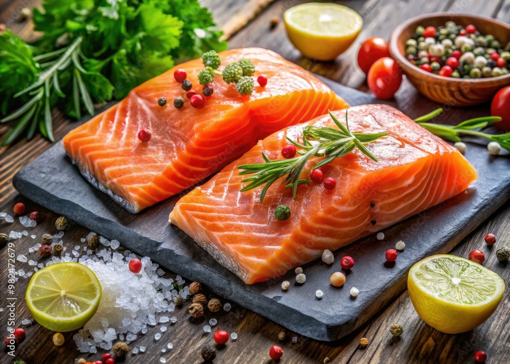 Organic salmon fillets sliced fresh and served with a medley of herbs, a pinch of high-quality spices, and a sprinkle of natural sea salt for added flavor. Organic salmon fillets sliced fresh and served with a medley of herbs, a pinch of high-quality spices, and a sprinkle of natural sea salt for added flavor.