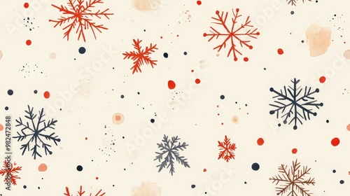 Seamless pattern featuring snowflakes doodles and dots on a beige background Hand drawn design suitable for festive themes and decorations Watercolor painting style