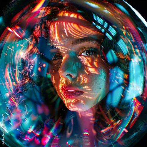 A close-up portrait of a woman bathed in colorful, abstract lighting patterns useful for themes of futurism, fashion, identity, and modern artistic expression,