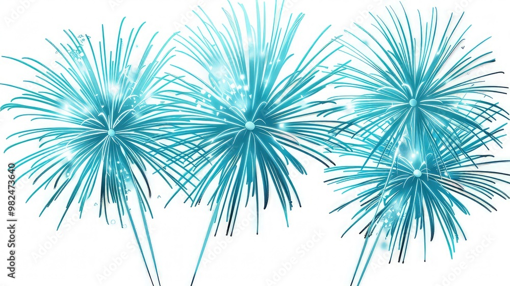 Fototapeta premium A spectacle of cyan fireworks, casting a cool, serene glow suitable for tranquil and festive overlays. isolated on white background.