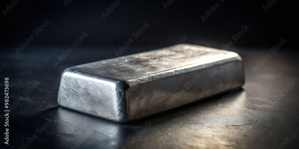 Silvery metal ingot resting on a dark surface under dim lighting, reflecting glints of light Silvery metal ingot resting on a dark surface under dim lighting, reflecting glints of light