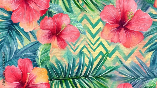 Tropical floral pattern overlay for textile design featuring watercolor painting of palm leaves and red hibiscus complemented by a zigzag ornament on a vibrant textured background