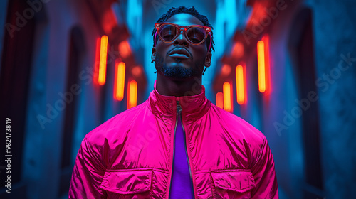 Male model wearing a pink and purple tracksuit, standing in a dark blue room with neon lights. The image has a high fashion style. photo