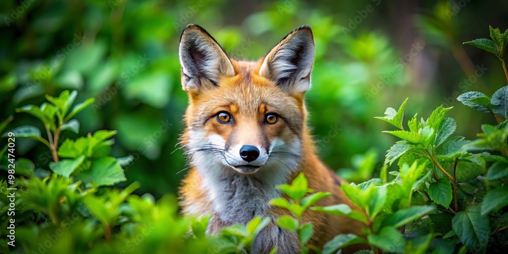 Fototapeta premium Sly fox commands the landscape, its captivating gaze scanning the lush greenery as it surveys its surroundings with