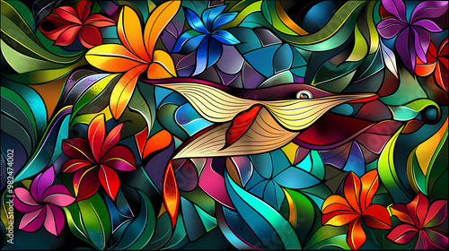 Stained glass vector-style image of beautiful manta ray , tropical flowers, bird feathers, color coordinated abstract expressionism surrealism apophysis paisley design photo