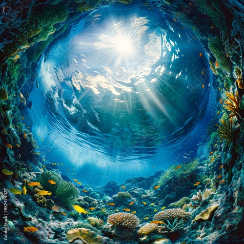 A vibrant underwater scene showcasing colorful coral reefs and various fish species, with sunlight piercing through the water surface ideal for marine biology, environmental conservation photo