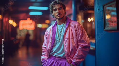 Male model wearing a pink and purple tracksuit, standing in a dark blue room with neon lights. The image has a high fashion style. photo