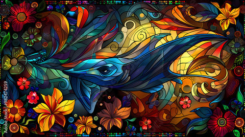 Stained glass vector-style image of beautiful manta ray , tropical flowers, bird feathers, color coordinated abstract expressionism surrealism apophysis paisley design photo