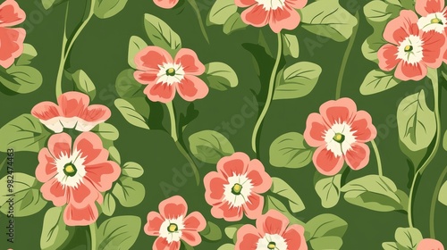 Vintage inspired seamless pattern featuring abstract primula flowers on a green backdrop