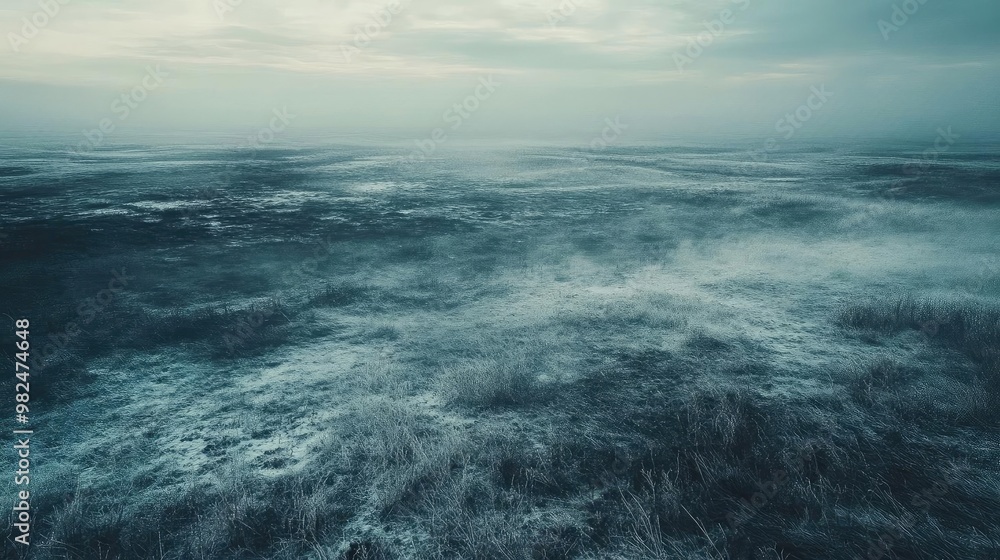 Fototapeta premium A serene and moody seascape, featuring calm waters under a cloudy sky, evoking tranquility and contemplation.