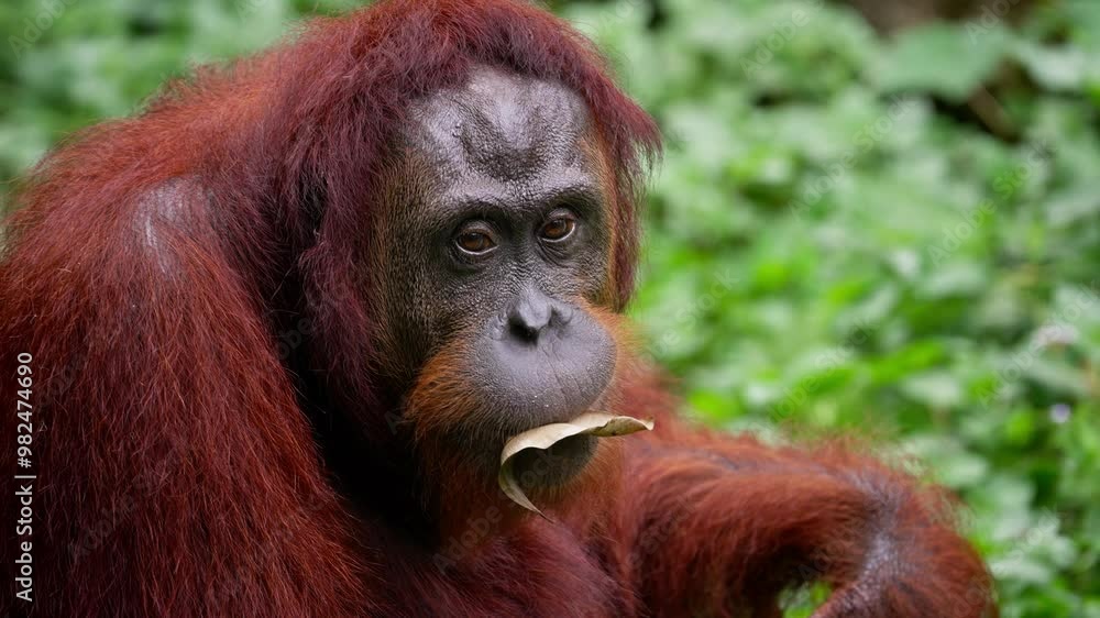 Bornean orangutan male close-up in slow-motion. Bornean orangutan male close-up in slow-motion.